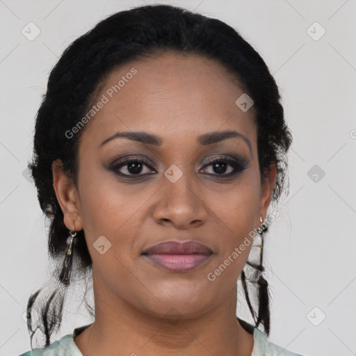 Joyful black young-adult female with medium  brown hair and brown eyes