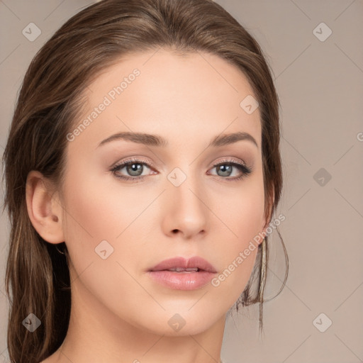 Neutral white young-adult female with long  brown hair and brown eyes