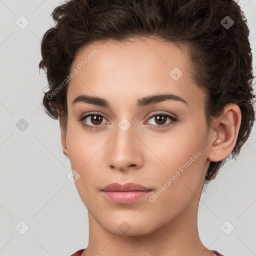 Neutral white young-adult female with short  brown hair and brown eyes