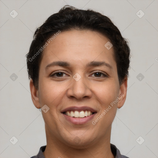 Joyful white young-adult female with short  brown hair and brown eyes