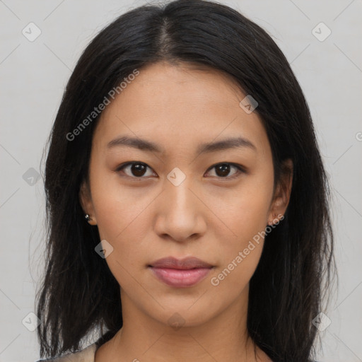 Neutral asian young-adult female with long  brown hair and brown eyes