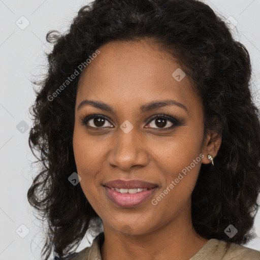 Joyful black young-adult female with long  brown hair and brown eyes