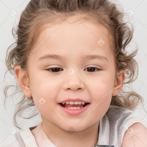 Joyful white child female with medium  brown hair and brown eyes