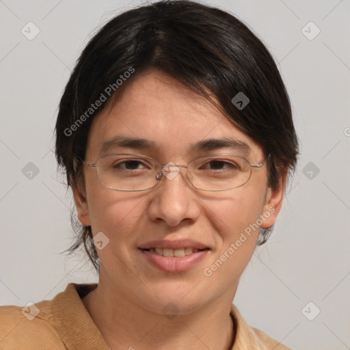 Joyful white adult female with medium  brown hair and brown eyes