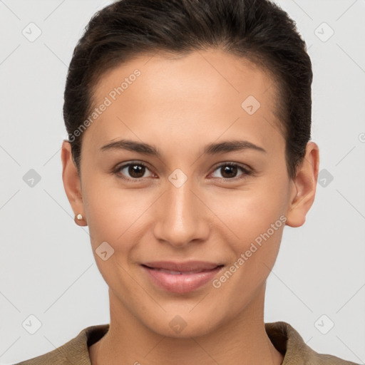 Joyful white young-adult female with short  brown hair and brown eyes