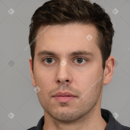 Neutral white young-adult male with short  brown hair and grey eyes