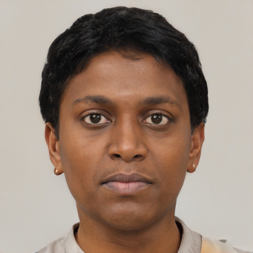Neutral black young-adult female with short  black hair and brown eyes