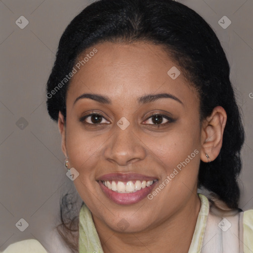 Joyful latino young-adult female with medium  brown hair and brown eyes
