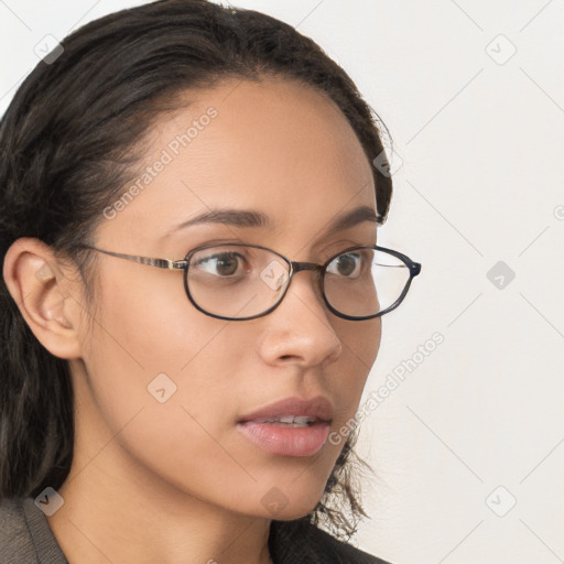 Neutral white young-adult female with long  brown hair and brown eyes