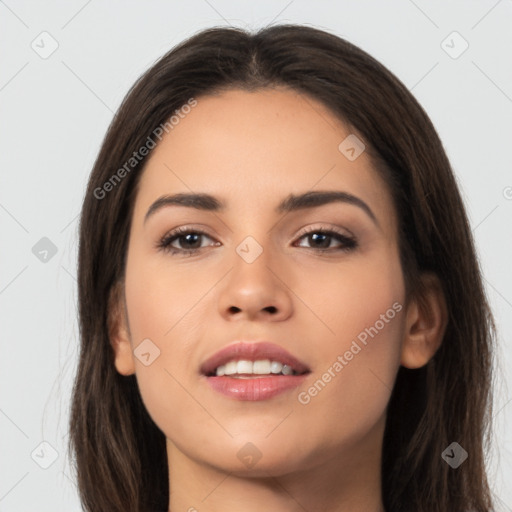 Joyful asian young-adult female with long  brown hair and brown eyes