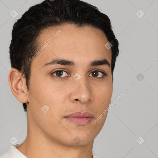 Neutral white young-adult male with short  brown hair and brown eyes