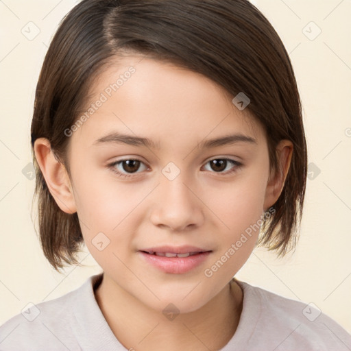 Joyful white child female with medium  brown hair and brown eyes