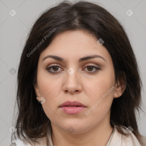 Neutral white young-adult female with medium  brown hair and brown eyes