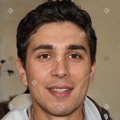 Joyful white adult male with short  brown hair and brown eyes