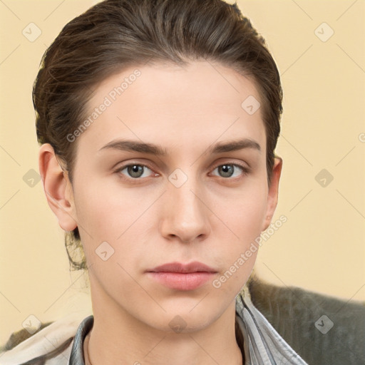 Neutral white young-adult female with short  brown hair and brown eyes