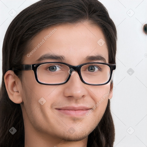 Neutral white young-adult male with long  brown hair and brown eyes