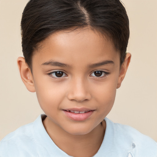 Joyful white child female with short  brown hair and brown eyes