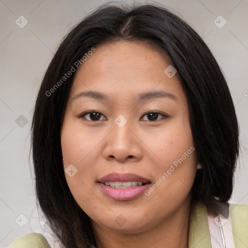 Joyful white young-adult female with medium  brown hair and brown eyes