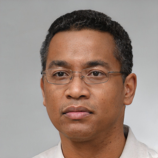 Neutral black adult male with short  black hair and brown eyes