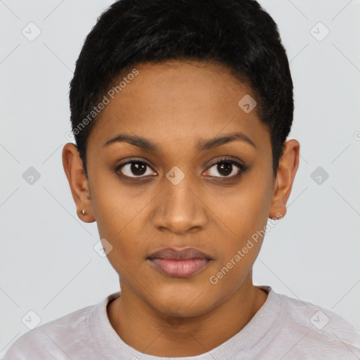 Neutral black young-adult female with short  black hair and brown eyes