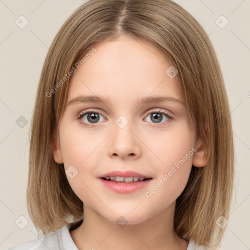 Joyful white child female with medium  brown hair and brown eyes