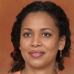 Joyful black adult female with medium  brown hair and brown eyes