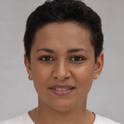 Joyful white young-adult female with short  brown hair and brown eyes