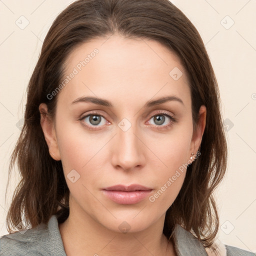 Neutral white young-adult female with medium  brown hair and brown eyes