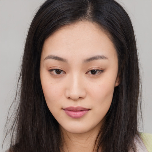 Neutral asian young-adult female with long  brown hair and brown eyes