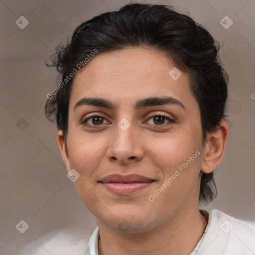 Joyful white young-adult female with medium  brown hair and brown eyes