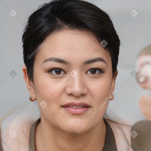 Joyful white young-adult female with medium  brown hair and brown eyes