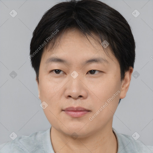 Joyful asian young-adult male with short  black hair and brown eyes