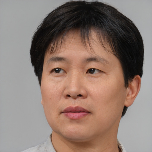 Neutral asian adult female with short  brown hair and brown eyes