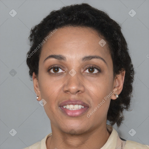 Joyful latino adult female with short  brown hair and brown eyes