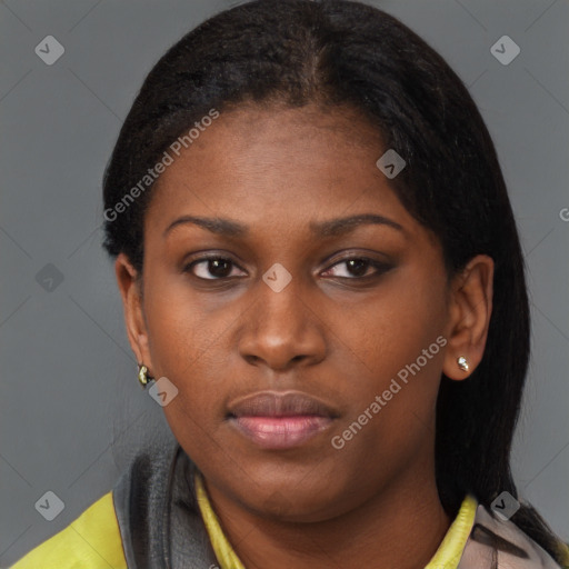 Neutral black young-adult female with short  brown hair and brown eyes