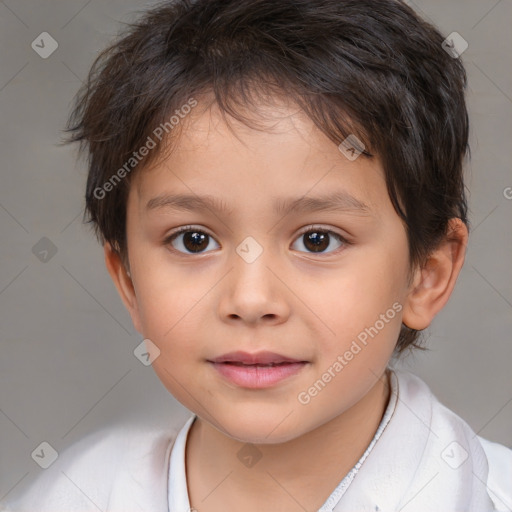 Joyful white child female with short  brown hair and brown eyes