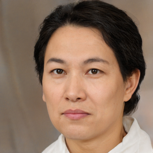 Neutral asian adult female with medium  brown hair and brown eyes