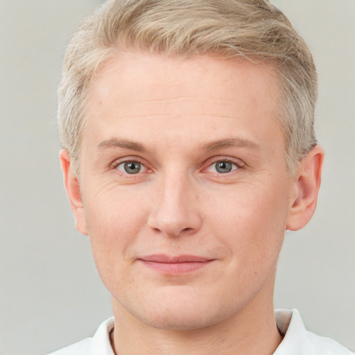 Joyful white adult male with short  brown hair and grey eyes