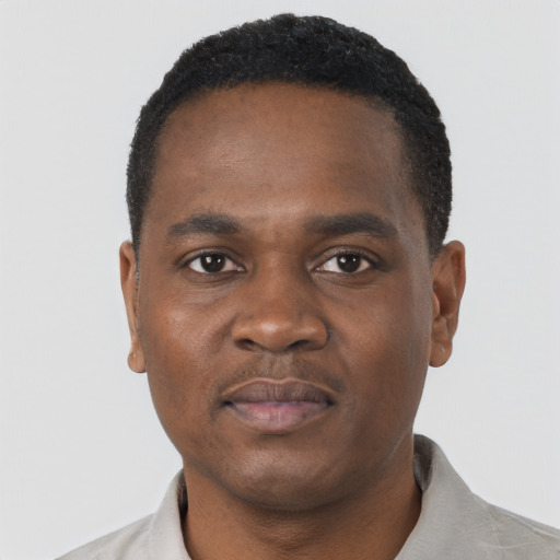 Joyful black young-adult male with short  black hair and brown eyes