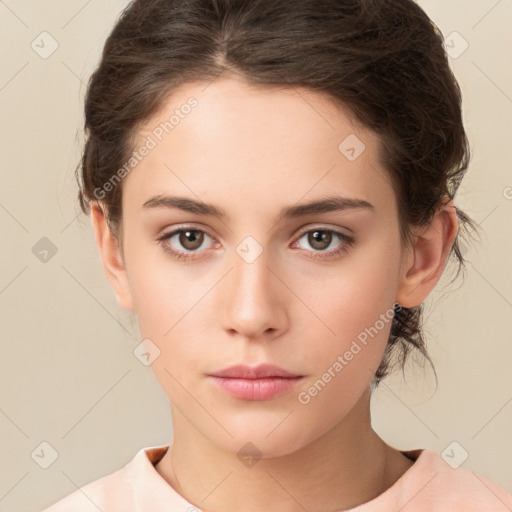 Neutral white young-adult female with medium  brown hair and brown eyes