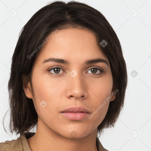 Neutral white young-adult female with medium  brown hair and brown eyes