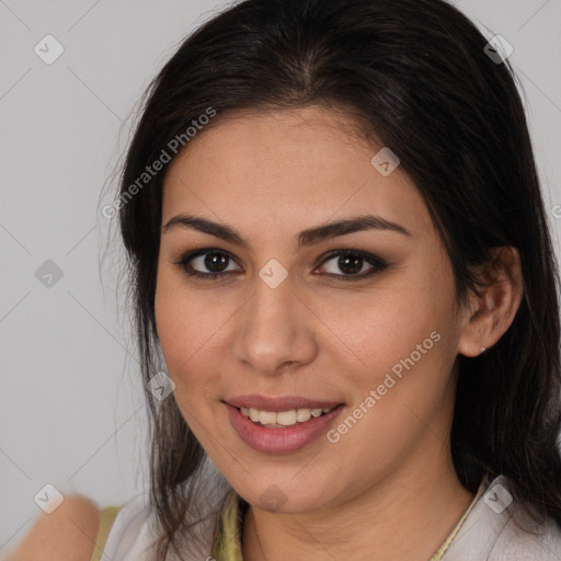 Joyful white young-adult female with medium  brown hair and brown eyes