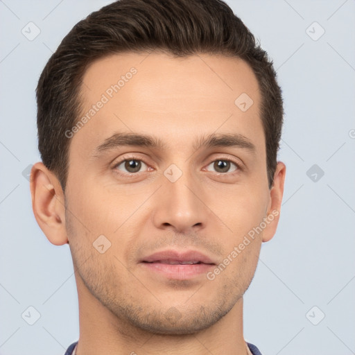 Joyful white young-adult male with short  brown hair and brown eyes