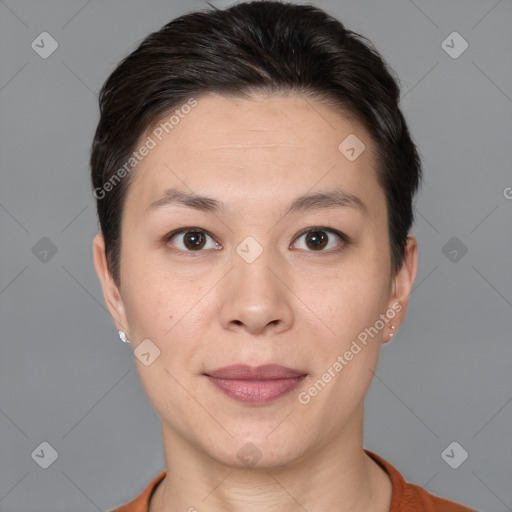 Joyful white adult female with short  brown hair and brown eyes