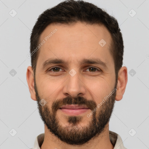 Joyful white young-adult male with short  brown hair and brown eyes