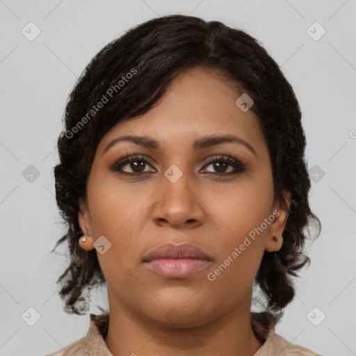 Neutral black young-adult female with medium  brown hair and brown eyes