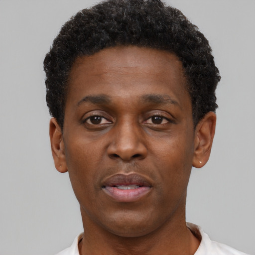 Neutral black young-adult male with short  black hair and brown eyes