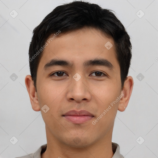 Neutral asian young-adult male with short  brown hair and brown eyes