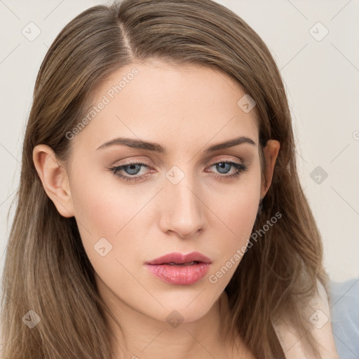 Neutral white young-adult female with long  brown hair and grey eyes