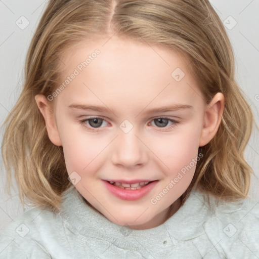 Joyful white child female with medium  brown hair and blue eyes